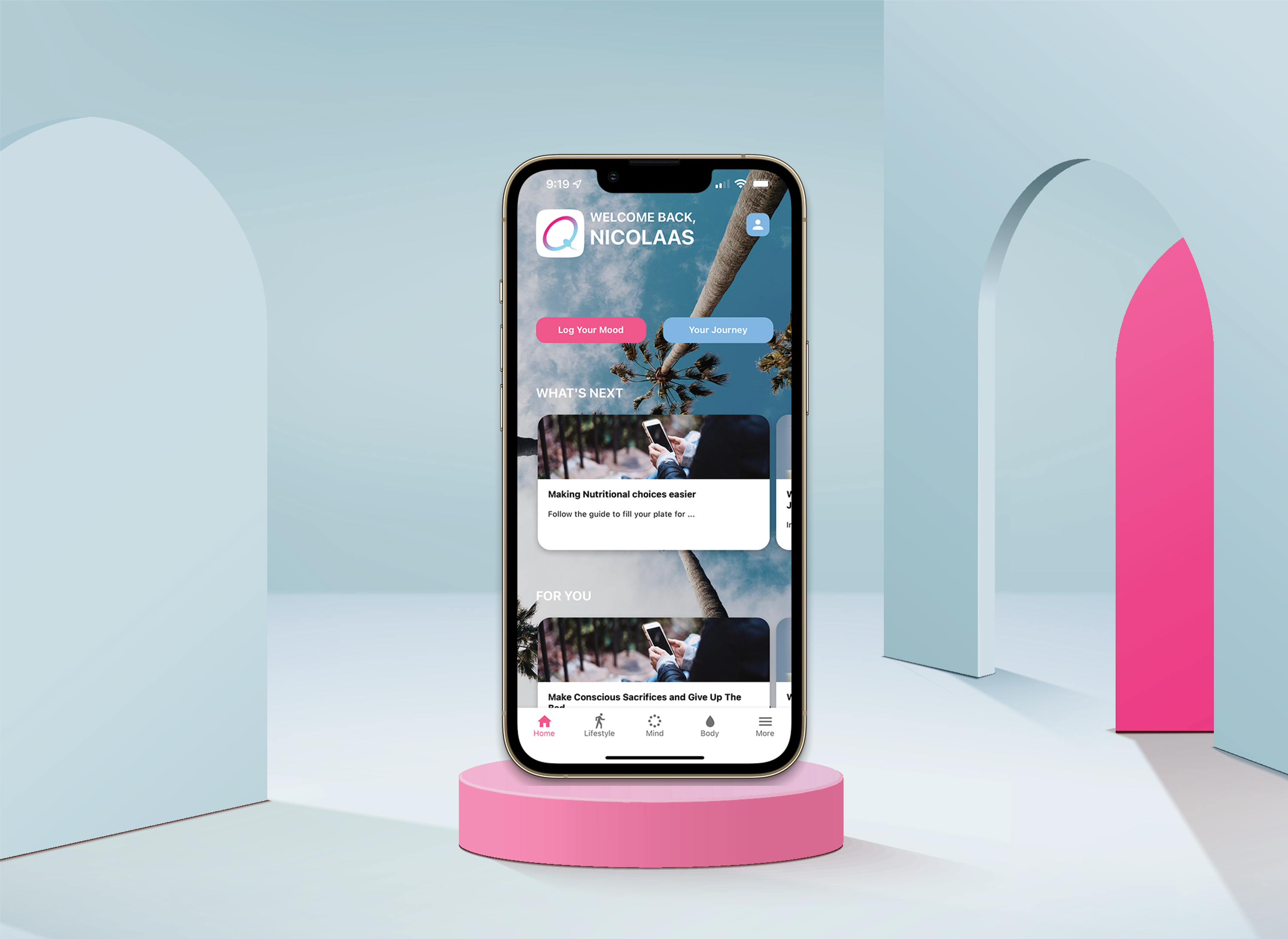 Fertility Quest Application on iPhone 13 Pro Max ona a pink podium with a blue environment